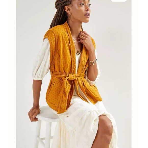 Anthropologie Belted Quilted Cotton Vest Size S/M Orange Ochre Fall Layering - Picture 13 of 13